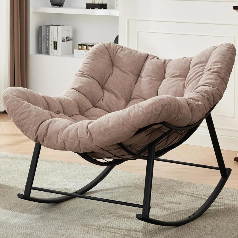 Oversized Rocking Chair Indoor, Papasan Rocking Chair Outdoor, Lounge Chair with Cushion, Patio Egg Rocker Chairs, Comfy Reading Chairs for Bedroom, Living Room, Garden, Lawn, Khaki