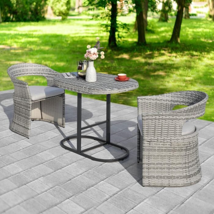 NUU GARDEN 3 Piece Outdoor Patio Bistro Set, Patio Furniture Set for 1 Iron Patio Table and 2 Dining Chairs, Balcony Furniture Patio Table and Chairs Set of 2 with Cushions, for Garden Yard, Gray - Image 4