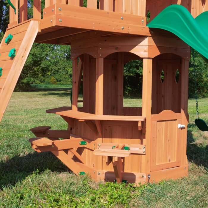 Backyard Discovery Woodland Cedar Wood Swing Set with Wave Slide, Clubhouse, Rock Wall, Snack Bar Station, Benches, Belt Swings, Trapeze, Half Door, Balcony, Step Ladder, Outdoor Playset - Image 4