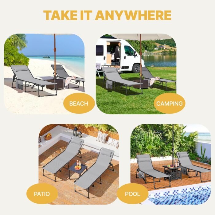 Yaheetech 22.4" Outdoor Folding Tanning Chair, Chaise Lounge Chairs with 5 Back Position Adjustable, Extended Portable Lounger for Beach, Patio, Gray - Image 7
