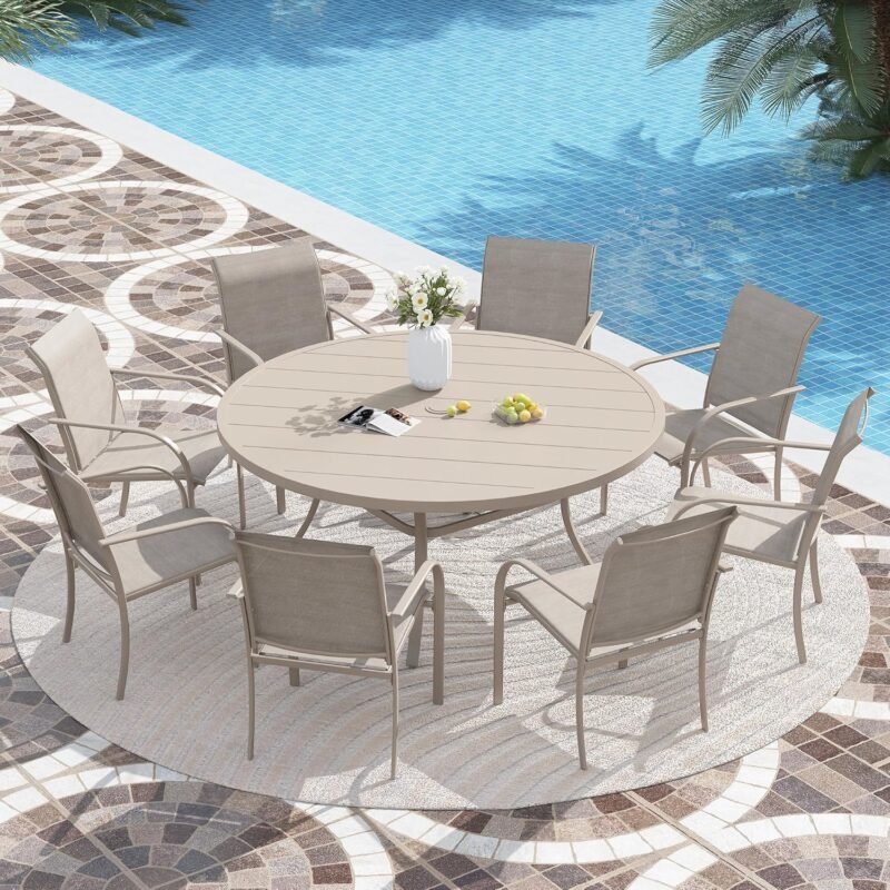 VICLLAX 9 Pieces Patio Dining Set, Patio Furniture Set of 8 Patio Stackable Dining Chairs and 53" Outdoor Metal Round Table with Storage Shelf, Sandshell Chairs and Sandshell Table