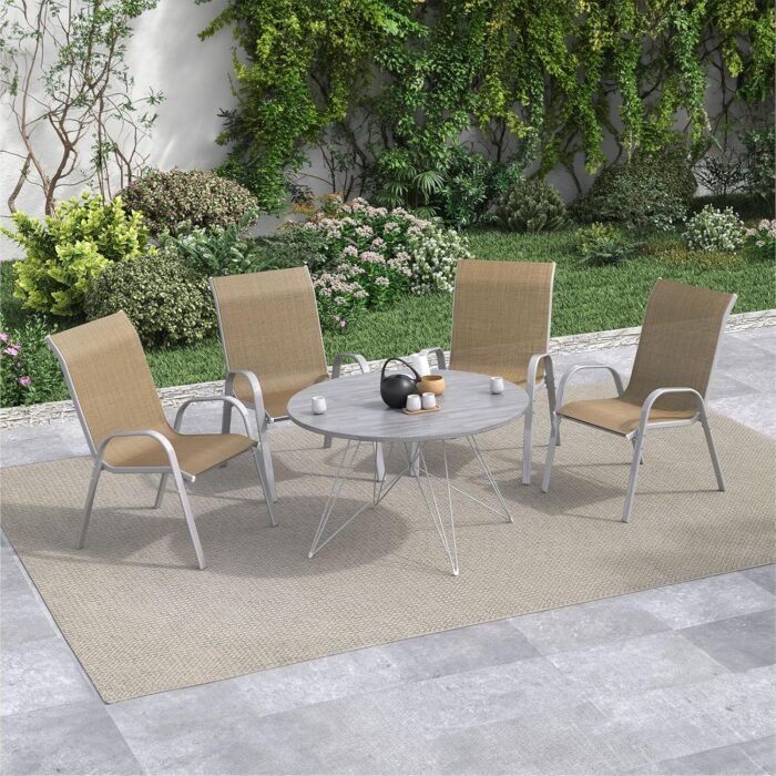 Amopatio Patio Chairs Set of 4, Stackable Outdoor Dining Chairs for All Weather, Silver Outdoor Chair Garden Furniture for Backyard Deck, Beige - Image 6