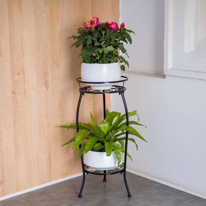 FaithLand 2 Pack Metal Plant Stands, Tall Planter Holder Indoor Outdoor, 2 Tier Round Potted Supports Rack, Corner Display Shelf Black - Image 4