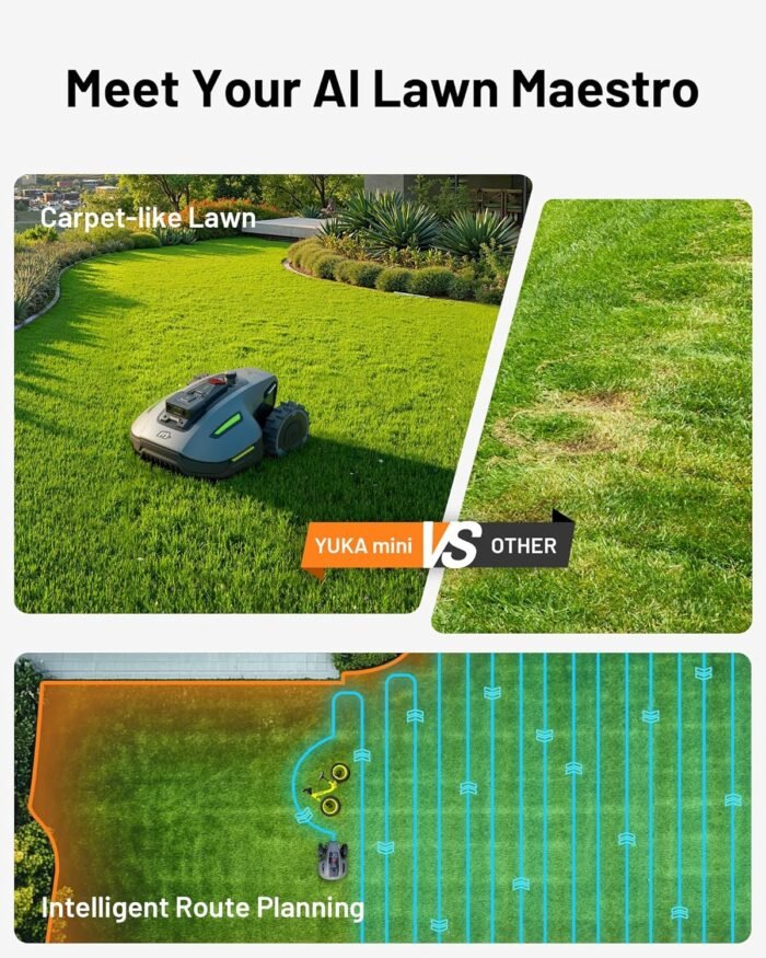 YUKA Mini 700H Robot Lawn Mower, Reception 0.17 Acre, Max 0.27 Acre, Ultrasense AI Vision+ RTK Positioning, Auto Mapping, App Control, 50% Slope, Cutting Height 2''~3.5'', 15 Mowing Zones - Image 3