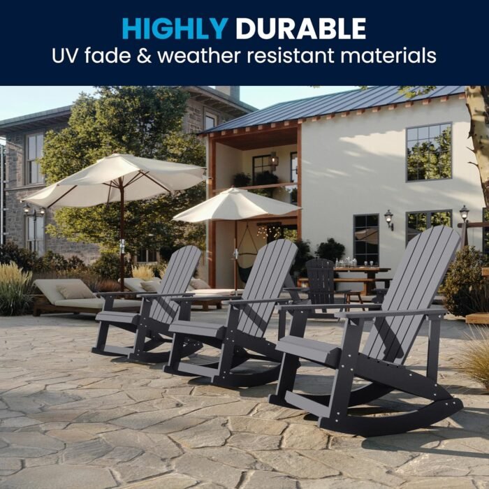 Flash Furniture Savannah Poly Resin Wood Adirondack Rocking Chair - All Weather Gray Polystyrene - Stainless Steel Hardware - Image 8