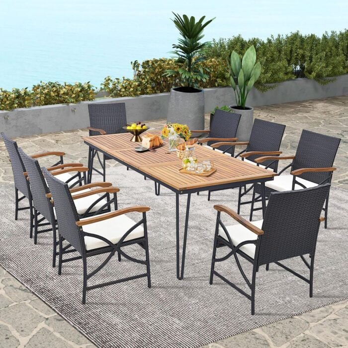 Tangkula 9 Pieces Patio Dining Table and Chairs Set with Umbrella Hole, Acacia Wood Table with Metal Frame, and Heavy Duty Cushioned Wicker Chairs, for Backyard, Garden and Poolside (Mix Brown) - Image 3