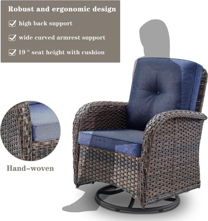 Patio Wicker Chairs Swivel Rocker - Outdoor Swivel Rocking Chairs Set of 2 with Rattan Side Table, Patio Swivel Glider Chair 3 Piece Patio Furniture Sets for Deck Porch Pool Brown/Blue - Image 8