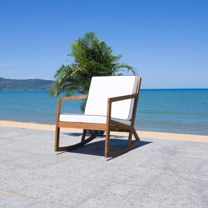 SAFAVIEH Outdoor Collection Vernon Natural/Beige Cushion with Black Piping Rocking Chair