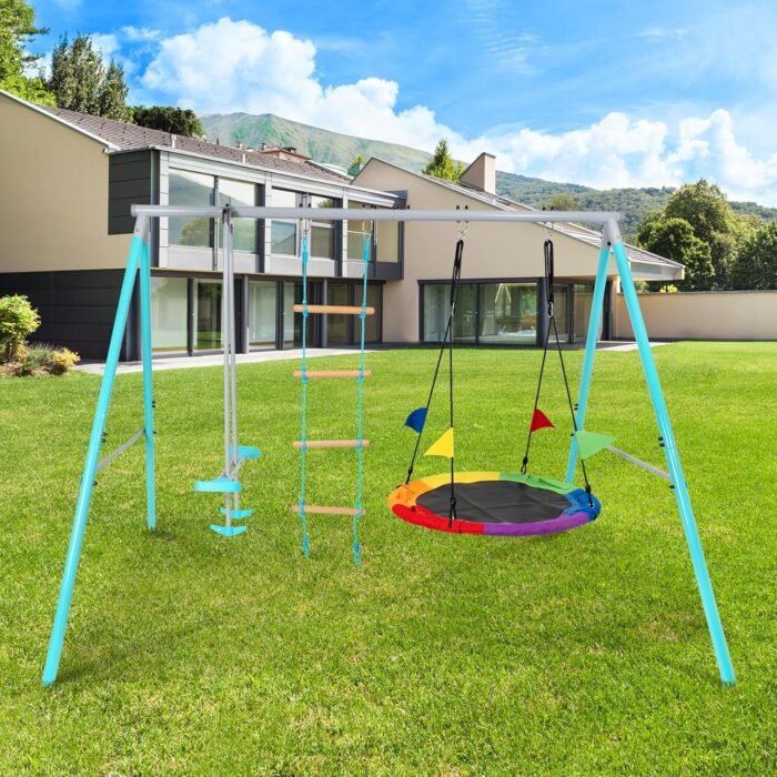 Swing Sets for Backyard, 3 in 1 Swing Sets, Heavy-Duty Metal Swing Stand with Saucer Swing, Climbing Ladder and Glider, Boy Girl Gift 3 to 8 Years - Image 5