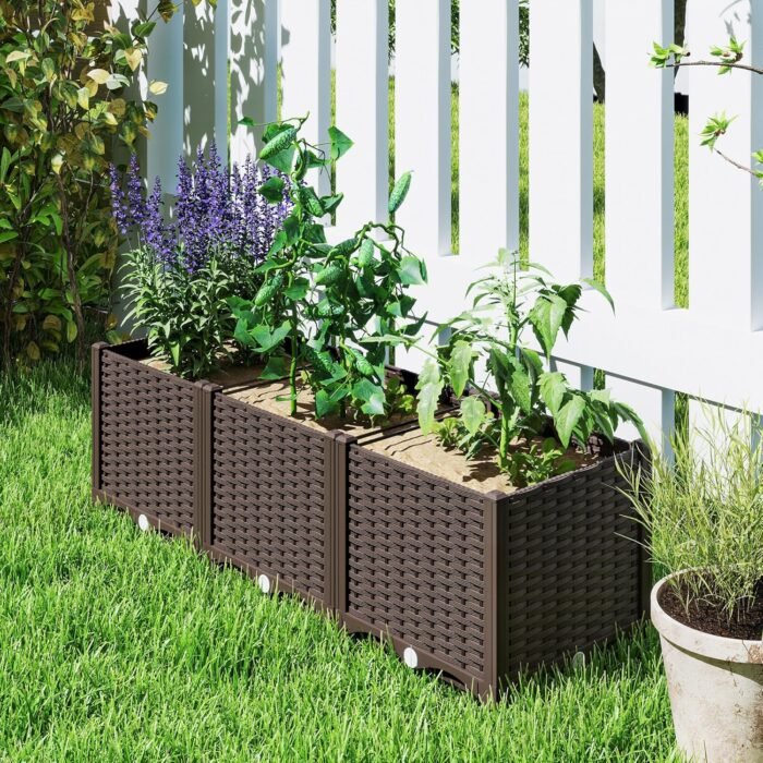 Outsunny 4 x 1 x 1 ft Raised Garden Bed, Indoor Outdoor Plastic Planter Box with Drainage Holes, Drain Plugs and Water Reservoirs for Vegetables, Herbs, Flowers & Succulents, Brown - Image 9