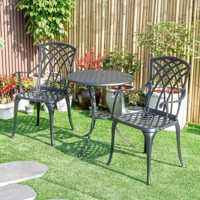 3 Piece Outdoor Bistro Set,All Weather Cast Aluminum Patio Table and Chairs Set of 2 with 1.97" Umbrella Hole,Outdoor Dining Set Patio Bistro Set for Garden,Porch,Balcony,Black - Image 8