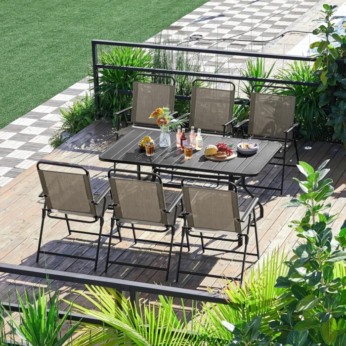Yaheetech Outdoor Patio Chairs Set of 4, Folding Patio Chairs with Metal Frame, Armrests, Portable Dining Chairs for Camping, Lawn, Garden and Porch, Brown - Image 4
