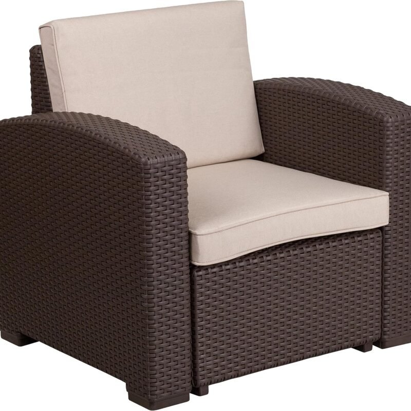 Flash Furniture Seneca Chocolate Brown Faux Rattan Chair with All-Weather Beige Cushion