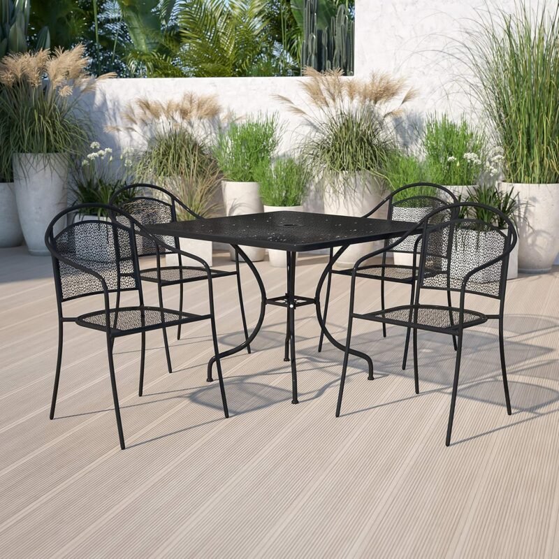 Flash Furniture Oia 5-Piece Commercial Grade Steel Patio Table and Chairs Set, Outdoor Dining Set with Square Table and 4 Round Back Chairs, Black