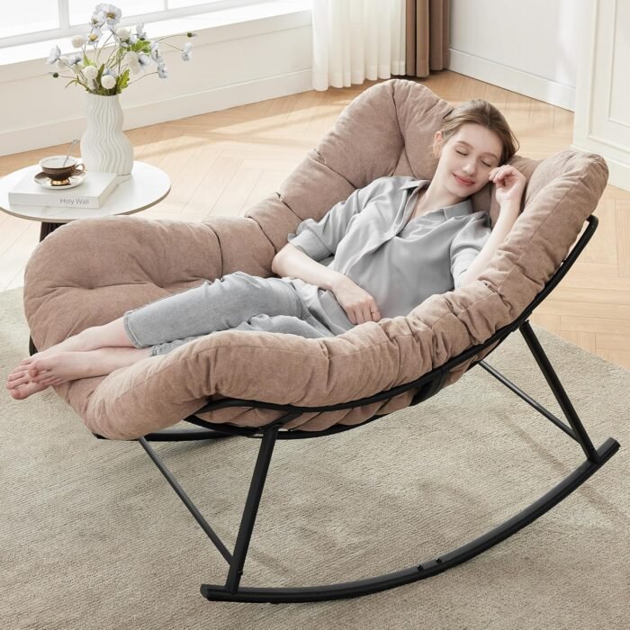 Oversized Rocking Chair Indoor, Papasan Rocking Chair Outdoor, Lounge Chair with Cushion, Patio Egg Rocker Chairs, Comfy Reading Chairs for Bedroom, Living Room, Garden, Lawn, Khaki - Image 6