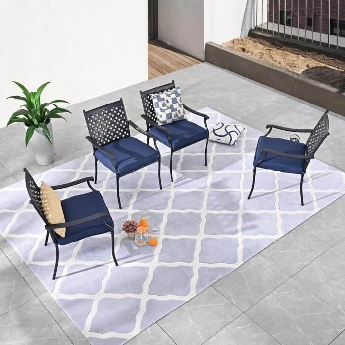 LOKATSE HOME 4 Piece Outdoor Dining Set - Wrought Iron Patio Metal Chairs with Armrest and Cushions for Garden Poolside Backyard, Blue - Image 8