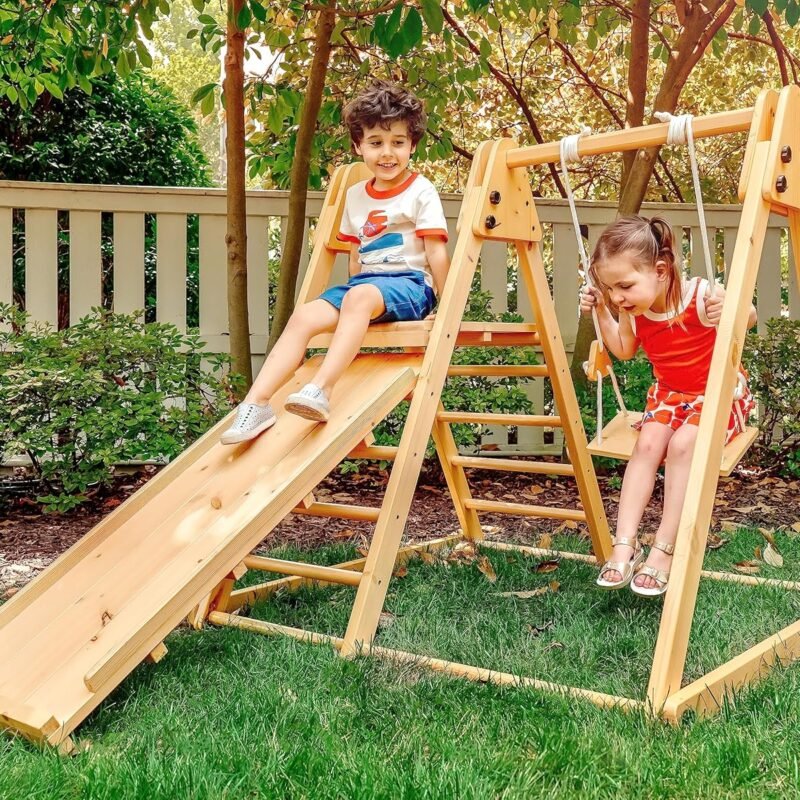 Avenlur 4-in-1 Juniper Outdoor Play Gym - Jungle Gym Playset with Baby Swing, Slide, Ladder, and Climbing Wall - Foldable Wooden Playset - Outdoor Jungle Gym for Kids Ages 18mo to 6yrs