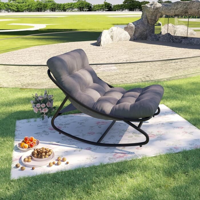 Rocking Chair with Thick Cushion, Outdoor Rocking Chair with Metal Frame, Adjustable Swing Range and Fixed Rope, Waterproof Cushion for Patio, Garden, Backyard and Poolside.