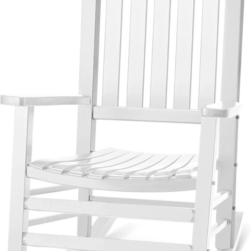 Wood Outdoor Rocking Chair, Oversized Patio Rocking Chair w/400lbs Support & High Backrest | Porch, Lawn, Garden, Backyard, Outdoor, Indoor, White