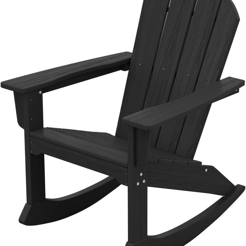 SERWALL Modern Rocking Adirondack Chair, HDPE Outdoor Rocking Chair, All Weather Patio Rocker Chair for Porch, Lawn, Garden, Backyard, Black