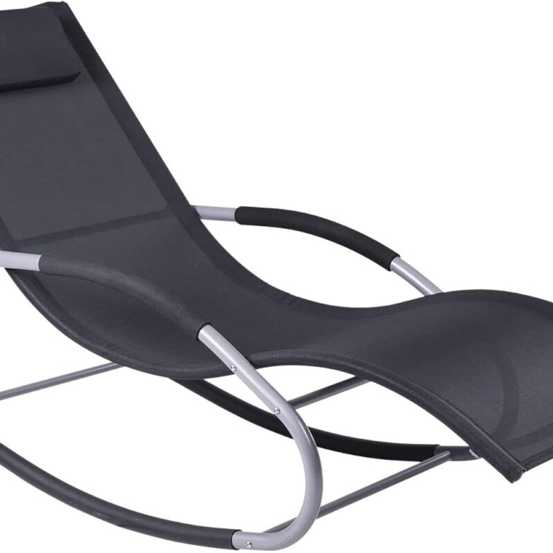 Outsunny Zero Gravity Rocking Chair Outdoor Chaise Lounge Chair Recliner Rocker with Detachable Pillow and Weather-Fighting Fabric for Patio, Deck, Pool, Black