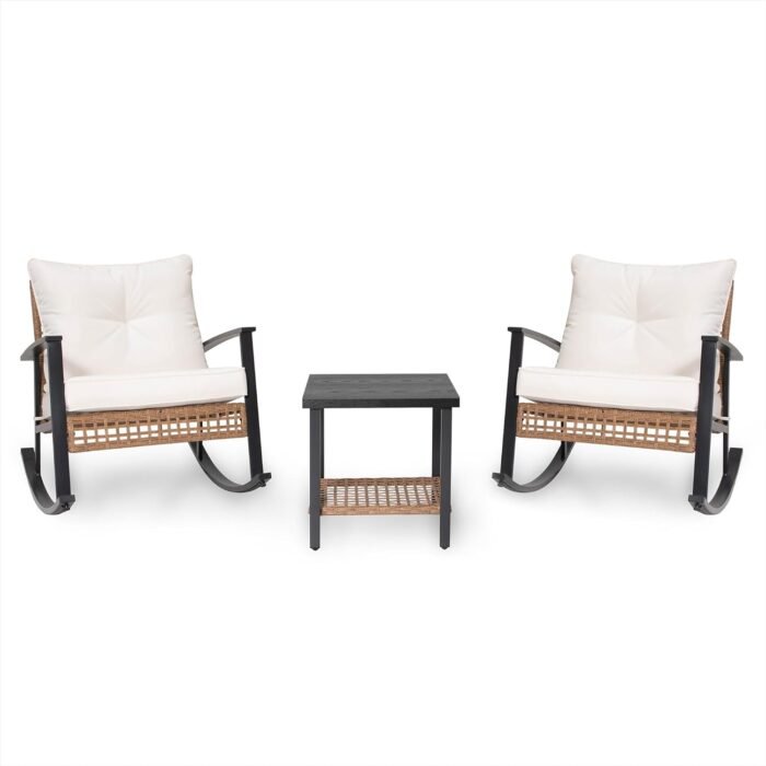 LAUSAINT HOME 3-Piece Rocking Bistro Set, Outdoor Patio Furniture with Thick Cushions and 2-Tier Coffee Table, Oversize Rattan Conversation Set for Garden, Balcony, Backyard (Beige) - Image 8