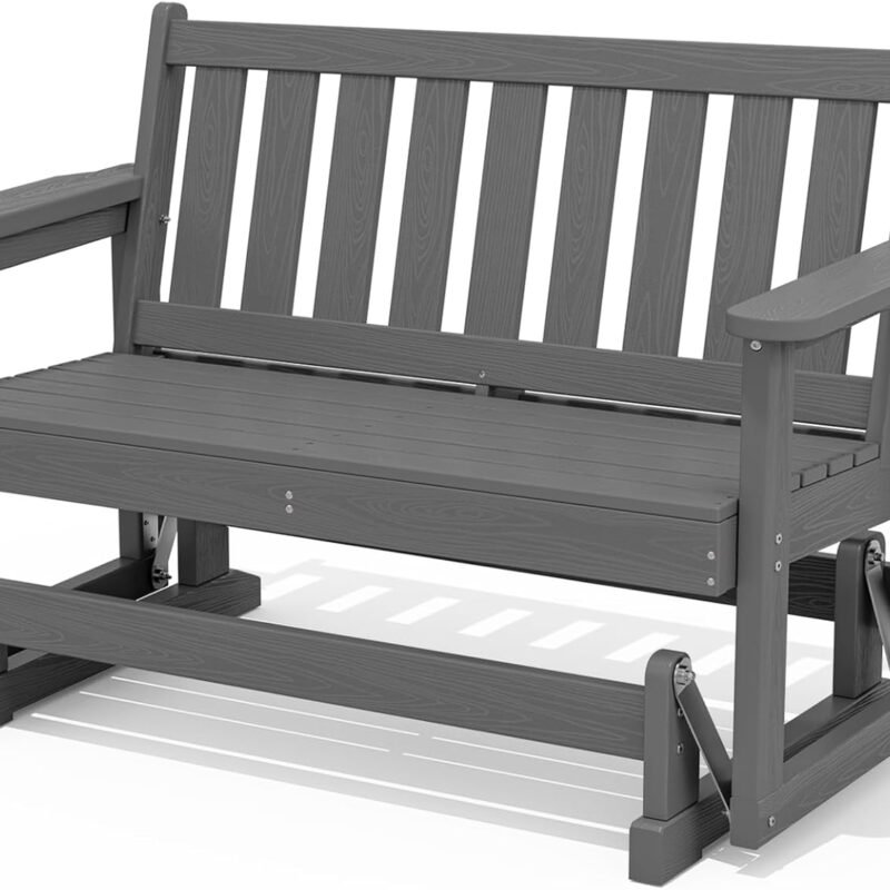 SERWALL Outdoor Glider Rocking Chair, HDPE All-Weather Resistant 2-Person Loveseat, Outdoor Rocking Bench Chair with 660LBS Capacity for Backyard Garden Porch, Grey