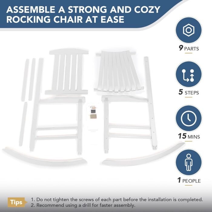 Wood Outdoor Rocking Chair, Oversized Patio Rocking Chair w/400lbs Support & High Backrest | Porch, Lawn, Garden, Backyard, Outdoor, Indoor, White - Image 5