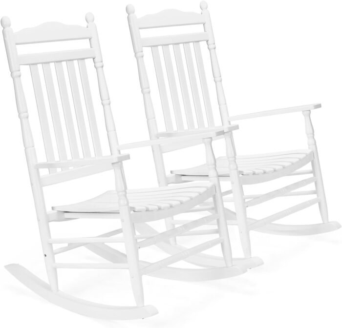 VINGLI 2 PCS Wood Rocking Chair Outdoor with 450 lbs Support, Patio Rocking Chair Set of 2, Solid Wood High Back Seat Reclining Seat for Deck, Garden, Backyard, Porch, Indoor or Outdoor Use, White