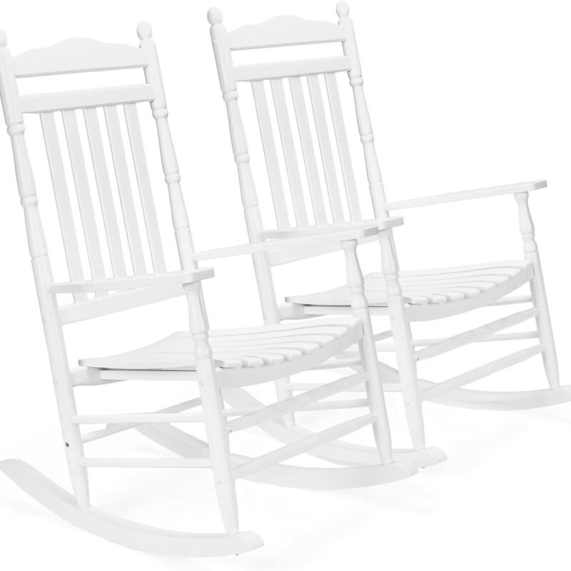 VINGLI 2 PCS Wood Rocking Chair Outdoor with 450 lbs Support, Patio Rocking Chair Set of 2, Solid Wood High Back Seat Reclining Seat for Deck, Garden, Backyard, Porch, Indoor or Outdoor Use, White