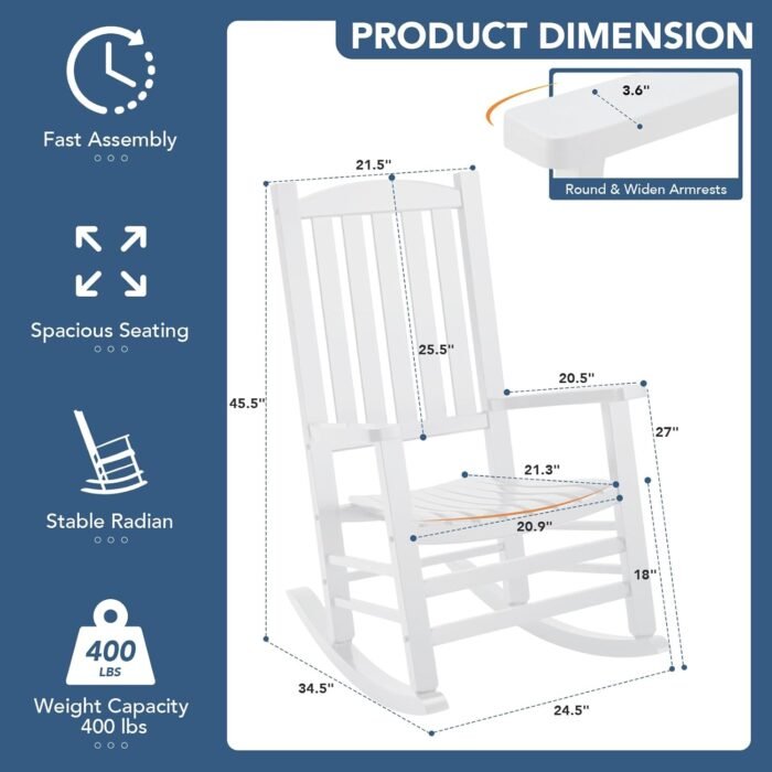 Wood Outdoor Rocking Chair, Oversized Patio Rocking Chair w/400lbs Support & High Backrest | Porch, Lawn, Garden, Backyard, Outdoor, Indoor, White - Image 3