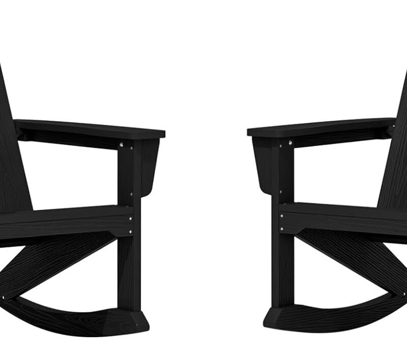 SERWALL Modern Outdoor Rocking Chair Set of 2, All Weather Adirondack Rocking Chair for Patio, Porch, Garden, Backyard, Black