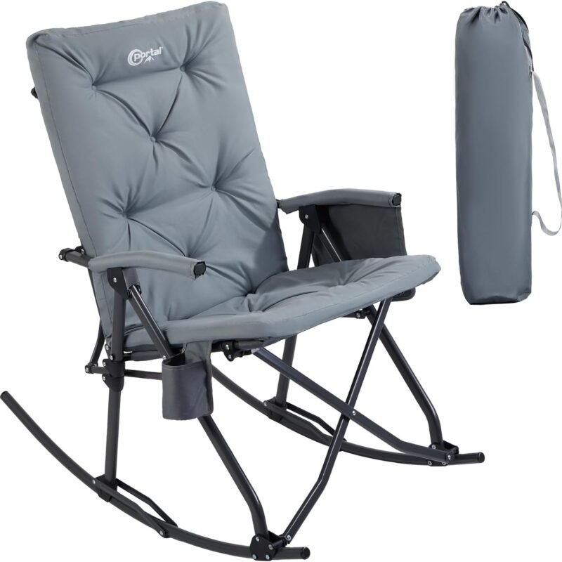 PORTAL Folding Rocking Chair Indoor & Outdoor Thick Padded Rocking Recliner Chair Portable Camping Rocker for Patio Front Porch Backyard Lawn Living Room, Supports 400 LBS, Grey