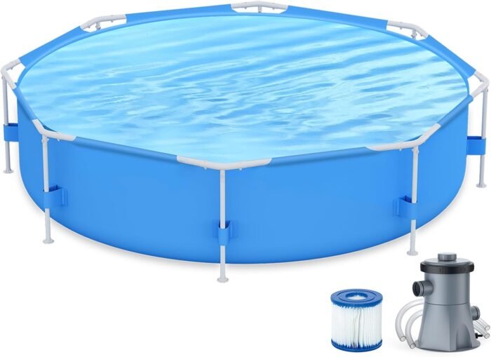 10ft x 30in Outdoor Round Frame Above Ground Swimming Pool Set with Skimmer Filter Pump & Filter Cartridge - Image 8