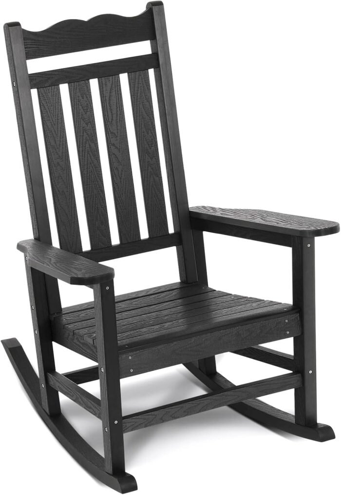 Stoog All-Weather Patio Rocking Chair with 400 lbs Weight Capacity, Oversized Porch Rocker Chair, for Backyard, Fire Pit, Lawn, Garden, Outdoor and Indoor, Black