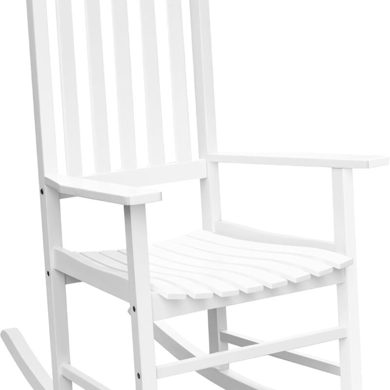 Flamaker Outdoor Rocking Chair Oversized Wooden Patio Chairs with Widened Armrest High Back Porch Rocker for Lawn, Garden, Backyard, Fire Pit (White)