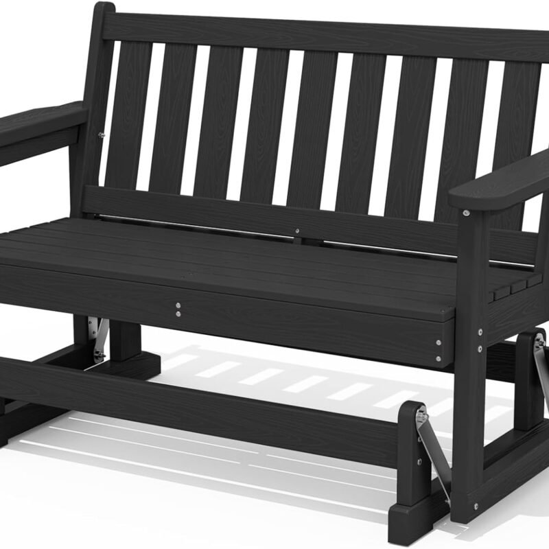 SERWALL 2 Person Patio Glider Bench, HDPE Material Weather-Resistant Swinging Bench for Outdoor Porch Garden, Black