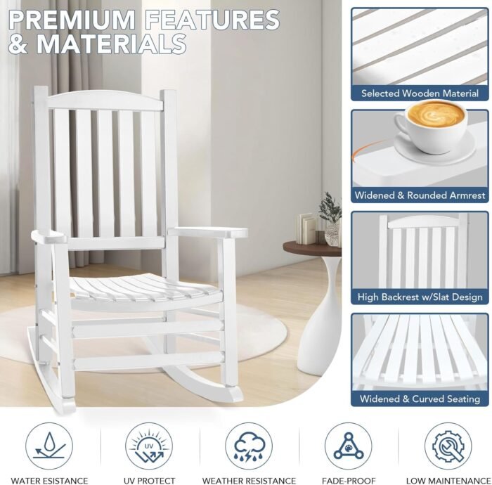 Wood Outdoor Rocking Chair, Oversized Patio Rocking Chair w/400lbs Support & High Backrest | Porch, Lawn, Garden, Backyard, Outdoor, Indoor, White - Image 4