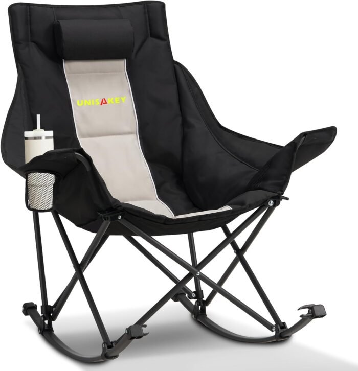 Oversized Rocking Camping Chair with Headrest & Cup Holder - 400lbs Capacity, 600D Oxford Fabric, Easy Fold Portable Outdoor Rocker Chair for Camping, Backyard, Beach, Light Gray