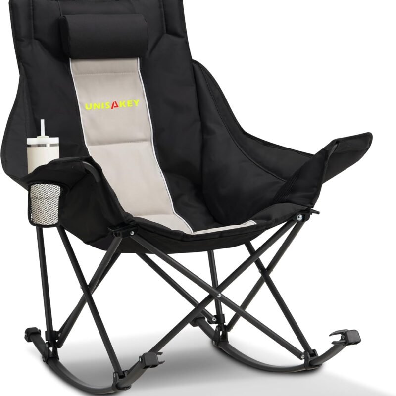 Oversized Rocking Camping Chair with Headrest & Cup Holder - 400lbs Capacity, 600D Oxford Fabric, Easy Fold Portable Outdoor Rocker Chair for Camping, Backyard, Beach, Light Gray