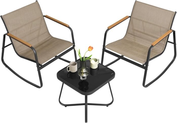 SONGMICS 3-Piece Patio Furniture Set, Garden Coversation Set, 2 Rocking Chairs, Table, Outdoor Lawn Backyard, Steel, with Armrests, Breathable Synthetic Fabric, Yellowish Brown UGGF0027K01