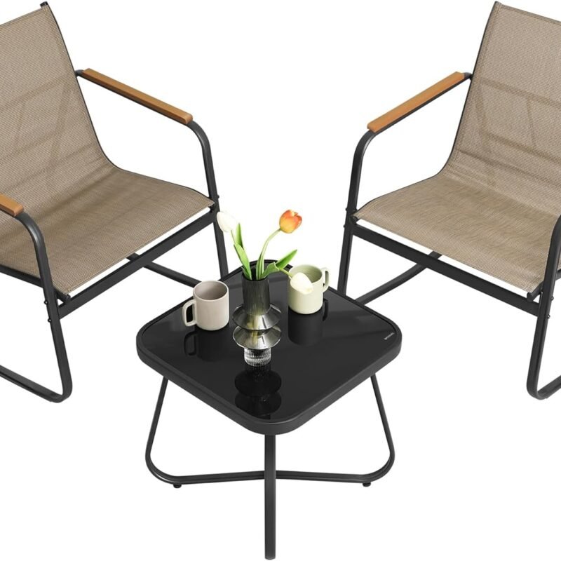 SONGMICS 3-Piece Patio Furniture Set, Garden Coversation Set, 2 Rocking Chairs, Table, Outdoor Lawn Backyard, Steel, with Armrests, Breathable Synthetic Fabric, Yellowish Brown UGGF0027K01