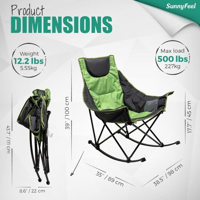 SUNNYFEEL Oversized Rocking Camping Chair, Fully Padded Patio Chair with Side Pocket, High Back Portable Lawn Recliner with Headrest, Outdoor Camp Rocker Chairs for Adults Heavy Duty 500 LBS - Image 3