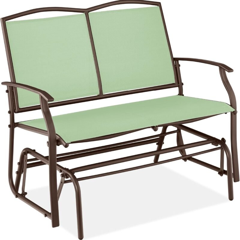 Best Choice Products 2-Person Outdoor Patio Swing Glider Steel Bench Loveseat Rocker for Deck, Porch w/Textilene Fabric, Steel Frame - Sage Green/Brown