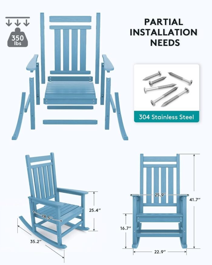 SERWALL Outdoor Rocking Chair Set of 2, HDPE Rocking Chairs for Adult, All Weather Porch Rockers for Lawn Garden, Light Blue - Image 3