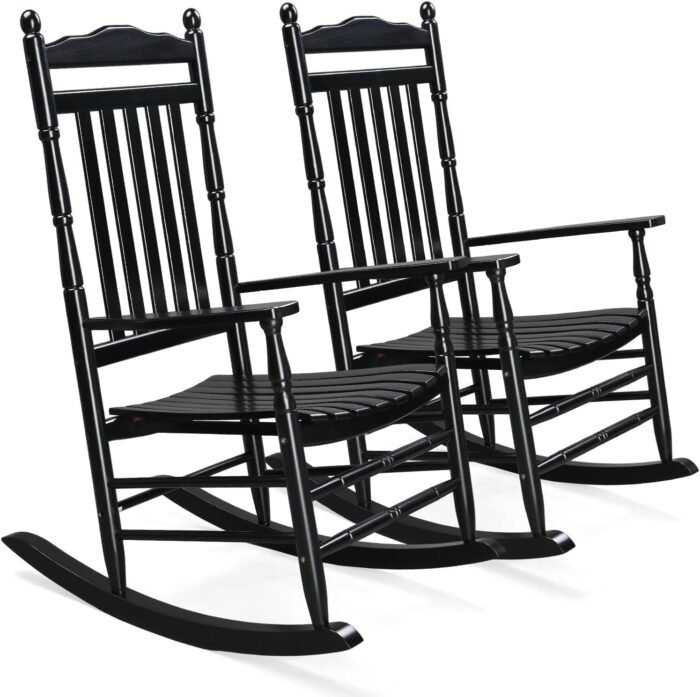 VINGLI 2 PCS Wood Rocking Chair Outdoor with 450 lbs Support, Patio Rocking Chair Set of 2, Solid Wood High Back Seat Reclining Seat for Deck, Garden, Backyard, Porch, Indoor or Outdoor Use, Black