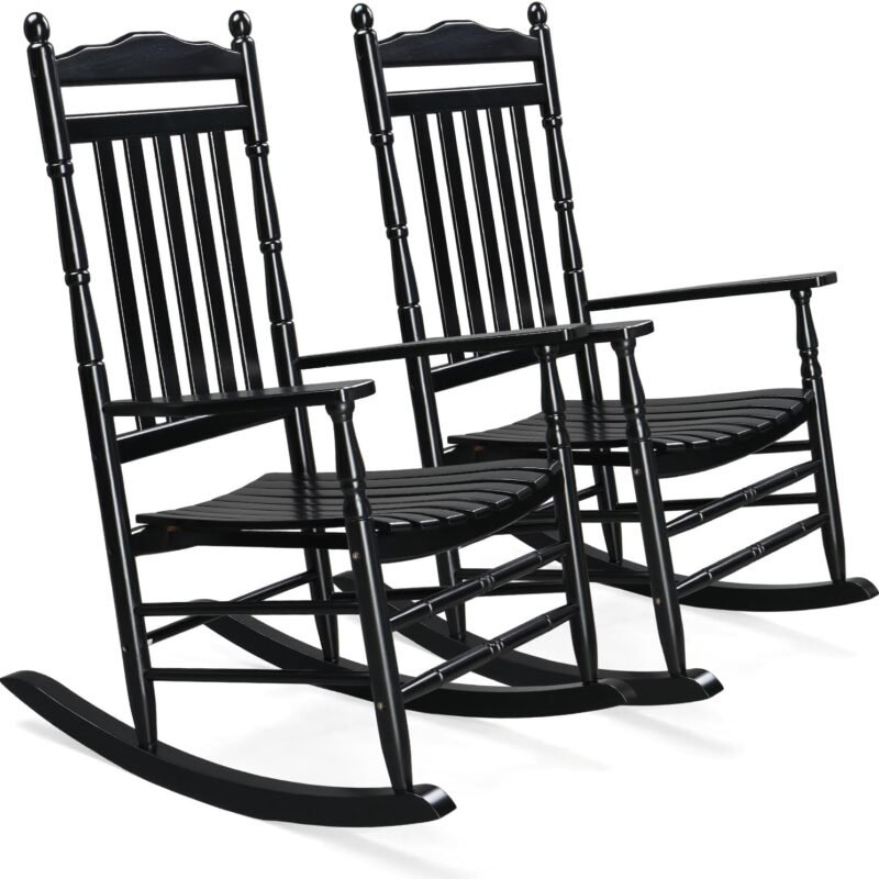 VINGLI 2 PCS Wood Rocking Chair Outdoor with 450 lbs Support, Patio Rocking Chair Set of 2, Solid Wood High Back Seat Reclining Seat for Deck, Garden, Backyard, Porch, Indoor or Outdoor Use, Black