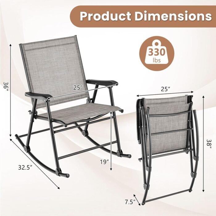 Tangkula Folding Rocking Chairs Set of 2, Patio Rockers with Breathable Seat Fabric & Sturdy Metal Frame, Smooth Rocking Motion, Heavy-Duty Outdoor Rocker for Backyard, Front Porch - Image 3