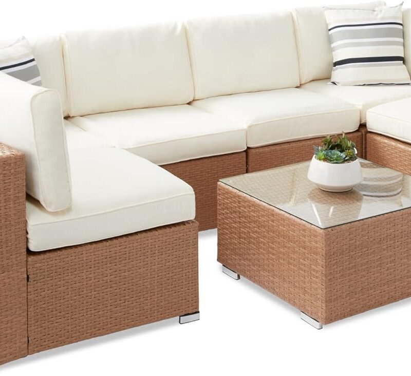 Best Choice Products 7-Piece Modular Outdoor Sectional Wicker Patio Conversation Set w/ 2 Pillows, Coffee Table, Cover Included - Natural/Ivory