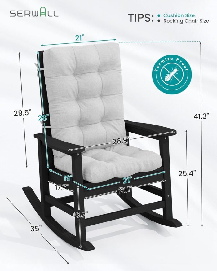 SERWALL SEWALL Oversized Cushioned Outdoor Rocking Chair, HDPE Rocker with Cushion, Patio Rocking Chairs for Porch, Black Chair+Gray Cushion - Image 3